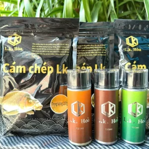 Bộ combo mồi câu gồm Cám chép đen LK và các loại hương liệu đậm đặc của thương hiệu L.K Hòa