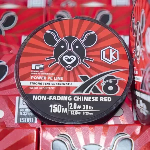 Cuộn dây dù câu lure LK RED X8 chính hãng với bao bì màu đỏ nổi bật và thông số kỹ thuật in rõ nét