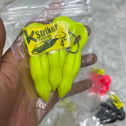 Mồi mềm skipping strike màu vàng chanh nổi bật giúp cần thủ dễ dàng quan sát khi câu cá lóc