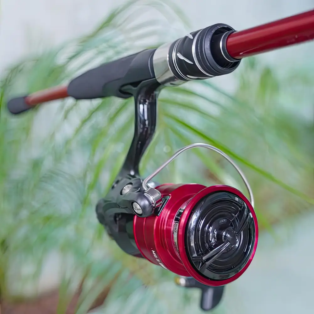 Bộ cần câu lure Cheap LK máy Daiwa MG chụp từ góc trên nhìn rõ núm vặn drag màu đen
