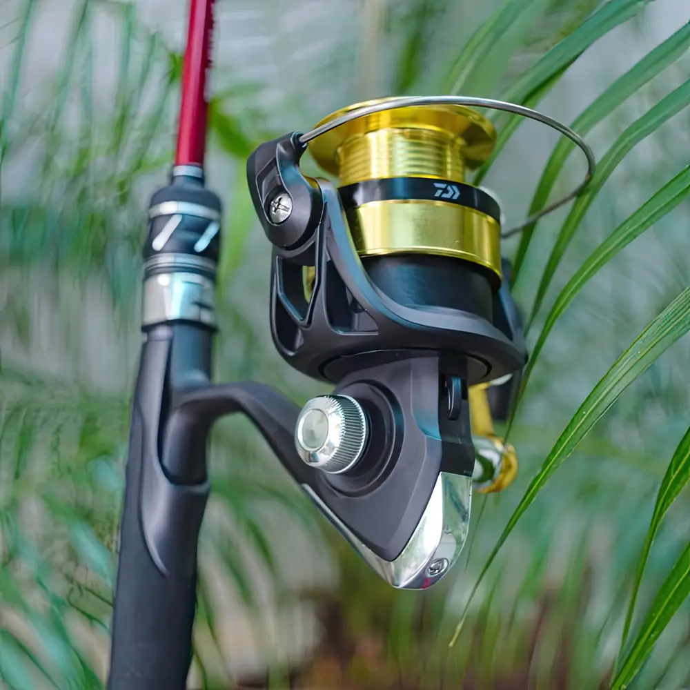 Bộ cần câu lure Cheap LK máy Daiwa RS lộ rõ logo Daiwa sắc nét trên ống chứa dây của máy