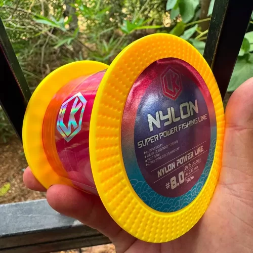Dây câu cước LK cuộn cước màu hồng viền vàng 500m in tem thông số size 8.0